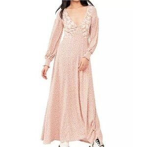 Free People Love Story Floral Pink Cream Long Puff Sleeves Maxi Dress Size S